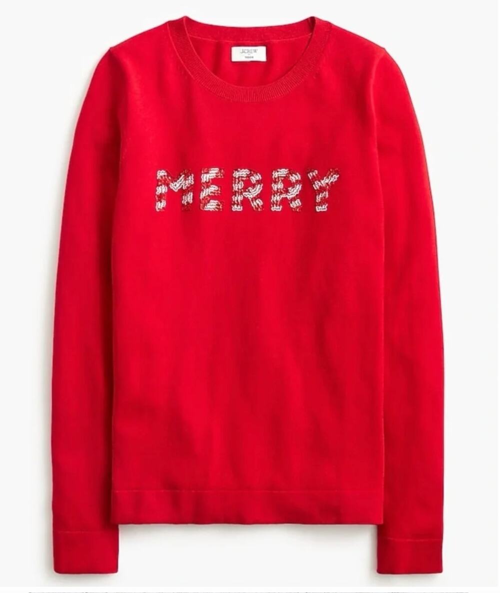 J Crew Teddie Sweater Classic Red Merry Sequin Women's L Holiday